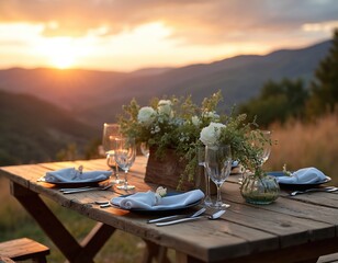 Fototapeta premium Outdoor dining table set for romantic dinner at sunset with mountain view. Table set with white napkins, plates, glasses, and floral centerpieces. Evening light illuminates the scene.