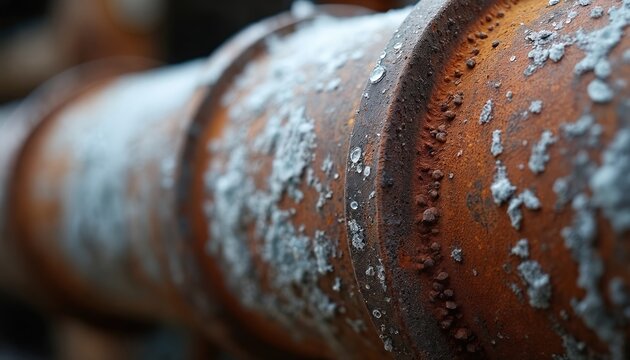 Rusty metal pipe close-up shows rough texture with salt crystals and water drops. Aged industrial surface detail, worn metal seam, grunge background.