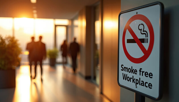 Office hallway displays no smoking sign at sunset. Blurred people walk past towards lobby windows. Warm light fills modern workspace indoors.