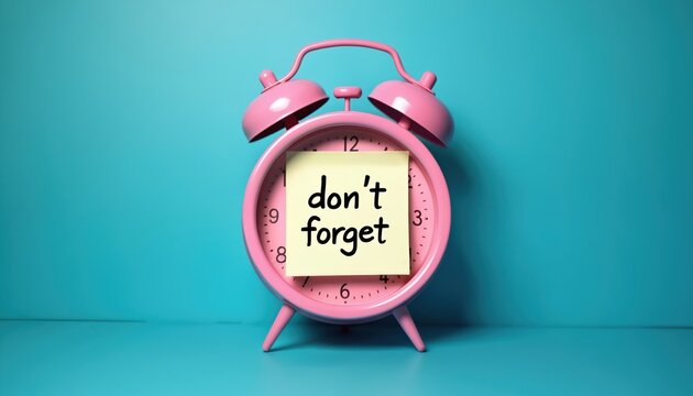 Pink retro alarm clock with a yellow sticky note reading dont forget against a bright blue background. Object represents time, memory and important tasks.