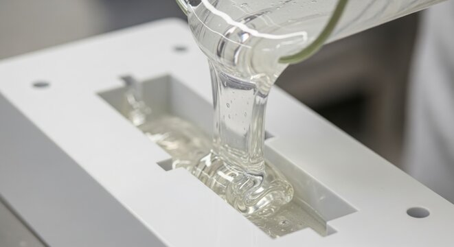 Transparent resin is poured into a white industrial mold from a glass beaker for prototype creation in a professional lab.