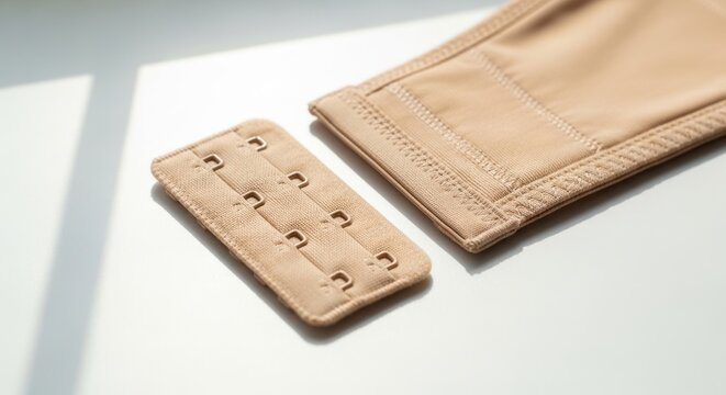Beige bra extender for woman's underwear lies on a white surface with sunlight. This accessory helps expand the garment size.