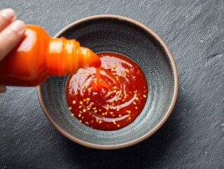 An East Asian adult hand with fair skin drizzles spicy red chili sauce into a dark ceramic bowl on a grey slate background.