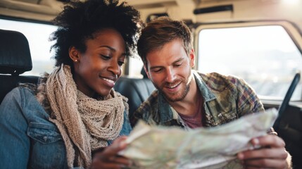 A dark-skinned African American woman and fair-skinned Caucasian man in their 30s look at a map inside their vehicle on a trip.