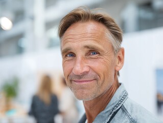Caucasian middle-aged man in his 50s with fair skin and blue eyes smiles at the camera while wearing a blue denim jacket indoors.
