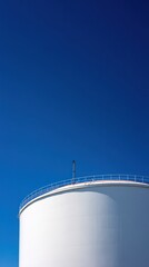 Vertical frame of a large white floating-roof tank used for oil and gas storage under a clear bright blue sky on a sunny day.