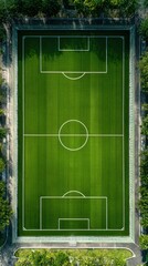 A vertical drone view captures a regulation soccer pitch with white geometric lines on a lush green field surrounded by trees.