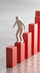 A neutral white silhouette figure reacts to a rising red bar chart while standing on a glossy block over a grid background.
