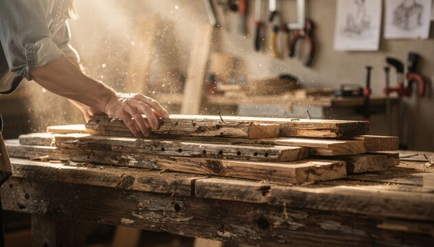 Shot of craftsman selecting reclaimed wood planks in a sunlit studio emphasizing the reuse of natural materials for ecofriendly set design with blurred tools in the background.