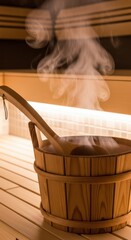 Steam rises from a traditional wooden bucket and ladle inside a warm, modern sauna room with light wood benches and soft glow.
