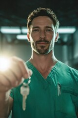 Holding out a set of keys, a Caucasian male nurse in his 40s with an athletic body wears green scrubs inside a clinic.