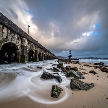 Dramatic seascape featuring a stone arch bridge with rolling white water, a distant lighthouse under a brooding, cloudy sky. The beach is sandy