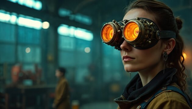 Woman wears steampunk goggles in a workshop. She looks determined. Background shows industrial machinery and dim lighting. Focus on her face and futuristic gear.