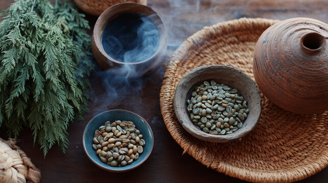Overhead flat lay of an Ethiopian coffee ceremony setup, green raw beans, clay jebena pot, incense smoke, woven grass tray, earthy tones, cultural ritual, local food, authentic, te