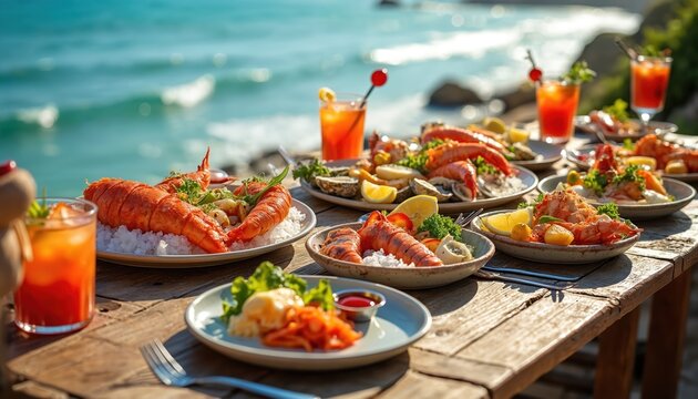 Bountiful seafood platter with lobsters, prawns, oysters sits on rustic table at ocean seaside. Bright cocktails in glasses accompany gourmet meal. Luxury spread suggests summer celebration fine