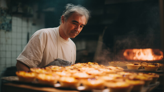 Candid scene of a Lisbon neighborhood bakery at 6am, a baker sliding trays of pastel de nata into a wood-fired oven, golden light, real life, artisan food, homemade, local culture,