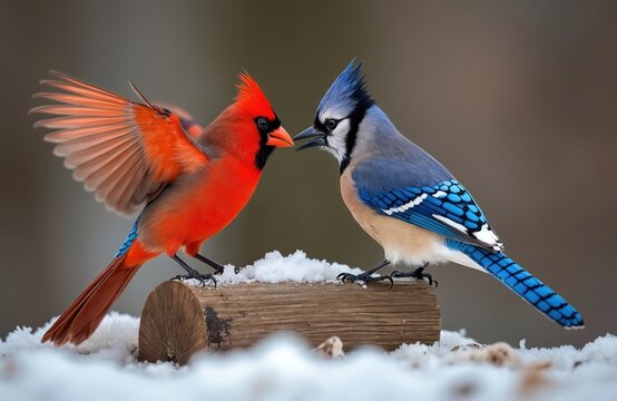 Male cardinal and blue jay face off on snowy log. Red bird flaps wing, blue bird stands alert. Wildlife confrontation on winter day near feeder, nature raw power.