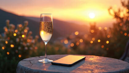 Obraz premium Glass of champagne sits on stone table beside phone. Sunset casts warm glow over blurred hilly landscape with bokeh lights. Evening relaxation, celebration, or quiet moment.