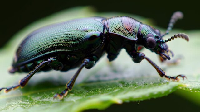 Metallic Green Weevil Insect Perched on a Vibrant Green Leaf Surface