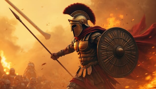 Ancient Greek Spartan warrior in armor holds spear and shield. Soldier fights in battle during sunset with flames and smoke in background. Historic fight scene.
