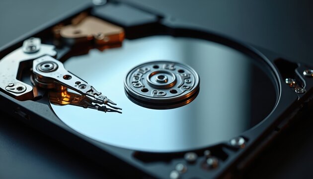 Inside view of computer hard drive. Shiny reflective platter, read write head mechanism, intricate precision engineering. Digital data storage, tech component, information technology.