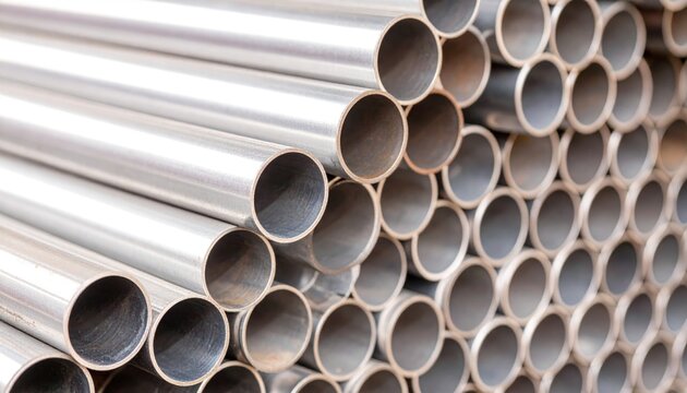 Close-up of Stacked Metal Pipes for Industrial Applications.