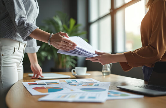 One person passes documents to another person in office. Colleagues work together sharing papers. Teamwork and office workflow in modern workspace.