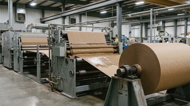 Medium shot of wide abrasive jumbo roll moving through automated coating line applying slurry to paper backing in industrial manufacturing setting.