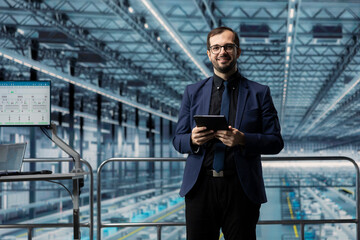 Fototapeta premium Portrait of smiling man in microchip smart factory using MES software to optimize production lines workflow. Happy manager tracking semiconductor production hardware performance metrics