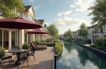 Obraz premium Waterside townhouses feature outdoor dining patios with umbrellas, lounge chairs. Green plants lines calm canal reflecting fluffy clouds under blue sky. Buildings offer private balconies, spacious