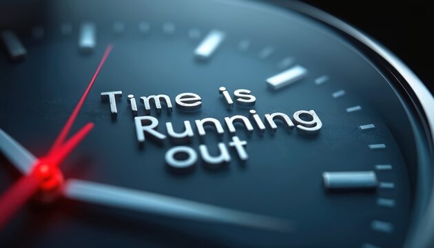 Clock face with words Time is Running Out. Red second hand swepic fast across dial. Urgency concept, deadline approaching, limited time offer.