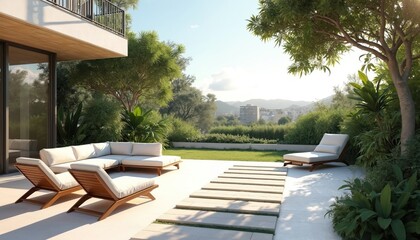 Obraz premium Modern patio with comfortable white sofa and lounge chairs. Stone path leads through lush garden. City skyline visible in background on sunny day. Outdoor living space offers scenic urban landscape.