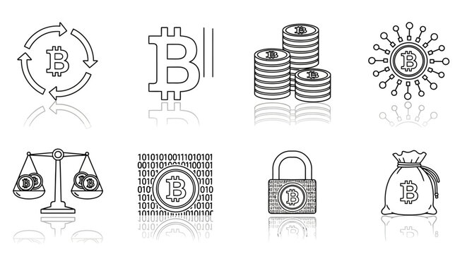 Cryptocurrency icons, Bitcoin symbols, blockchain graphics, financial illustrations