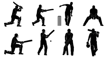 Obraz premium Cricket player silhouettes, sports icons, athletic poses, black illustrations, sports graphics