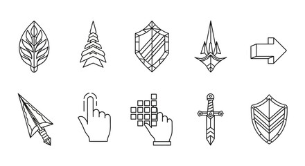 Gaming icons, fantasy symbols, shield, sword, leaf, hand cursor, vector set © charli