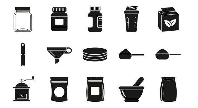 Coffee, tea, and baking icons, 16 black silhouette symbols, kitchen and beverage elements, vector graphics