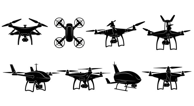 Drone, Drones, Vector, Black, Silhouette, Icons, 7 Drone Illustrations