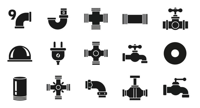 Plumbing icons, pipe symbols, 9 black and white elements, plumbing tools, pipe fittings