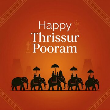 Festive elephants with umbrellas celebrate traditional thrissur pooram festival in warm light
