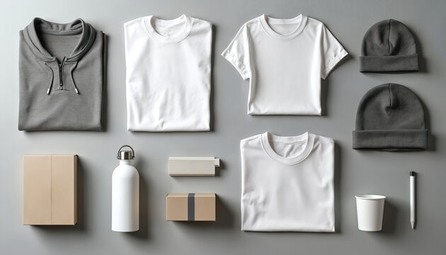 Flat lay of corporate gifts white t-shirts, gray hoodie, beanies, water bottle, boxes, and cup. Blank apparel ready for custom logo printing. Business branding merchandise.