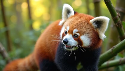 Fototapeta premium Red panda rests in bamboo forest eating green leaves. Cute small mammal with reddish fur black legs, white face markings. Animal sits on branch in natural habitat. Adorable species thrives in asian