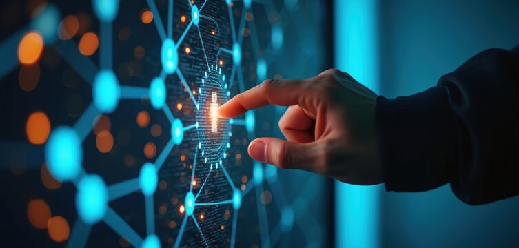 Hand touches glowing abstract digital network interface on screen. Futuristic data connection graph with nodes and links. Cyber security or global network concept.