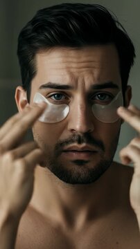 Man applying eye patches for skincare routine, beauty treatment.