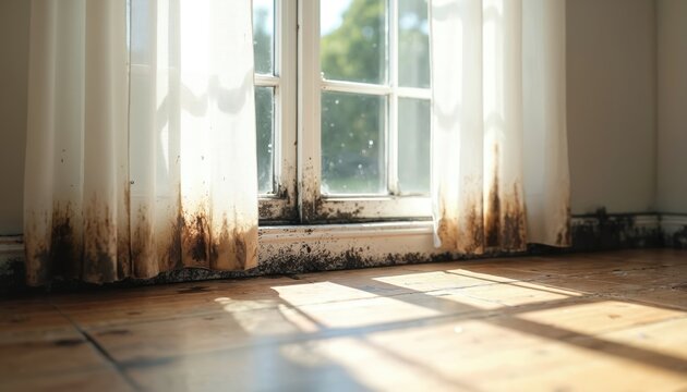 Dark mold grows on a wooden floor and baseboard by a window. Sheer curtains are stained by moisture, indicating water damage and a home problem.