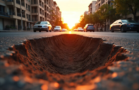 Deep sinkhole on asphalt road creates hazard. Cars drive past broken pavement with sun setting. Urban street infrastructure fails causing danger.