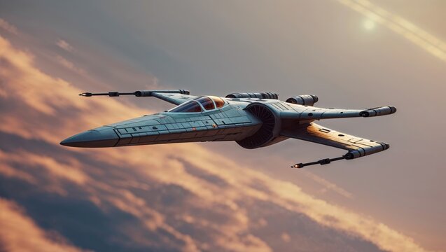 Iconic starfighter soaring through dramatic clouds at sunset