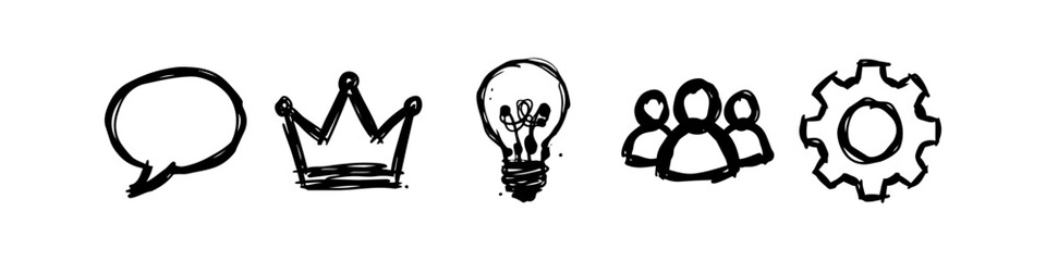 Set of hand-drawn business icons featuring a speech bubble, crown, light bulb, people, and gear. Doodle style sketches for communication, leadership, ideas, teamwork, and process. © Nort Kor