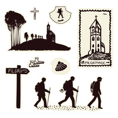 Obraz premium Minimal scene set for pilgrimage with group of backpacker pilgrims walking to modern church. Hand drawn pilgrims way design element for church newsletter or social media art. Isolated on white. 