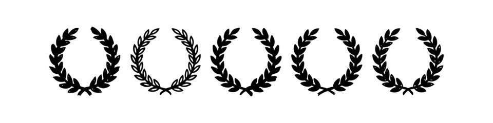 A set of five hand-drawn black laurel wreaths in a sketchy, rustic style on white. These vector icons represent achievement, victory, and awards, ideal for classic branding and vintage designs. © Nort Kor