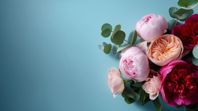 Romantic peonies and roses on pastel blue background, elegant floral border, pink spring bouquet, feminine botanical arrangement, wedding flowers, delicate blossom flat lay, luxury